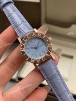 High Quality Replica BVLGARI Light purple Full-Grain Leather Strap Light Blue Verde Alpi Marble Mother-Of-Pearl Face Dial 316 Stainless Steel Case Watch 26mm